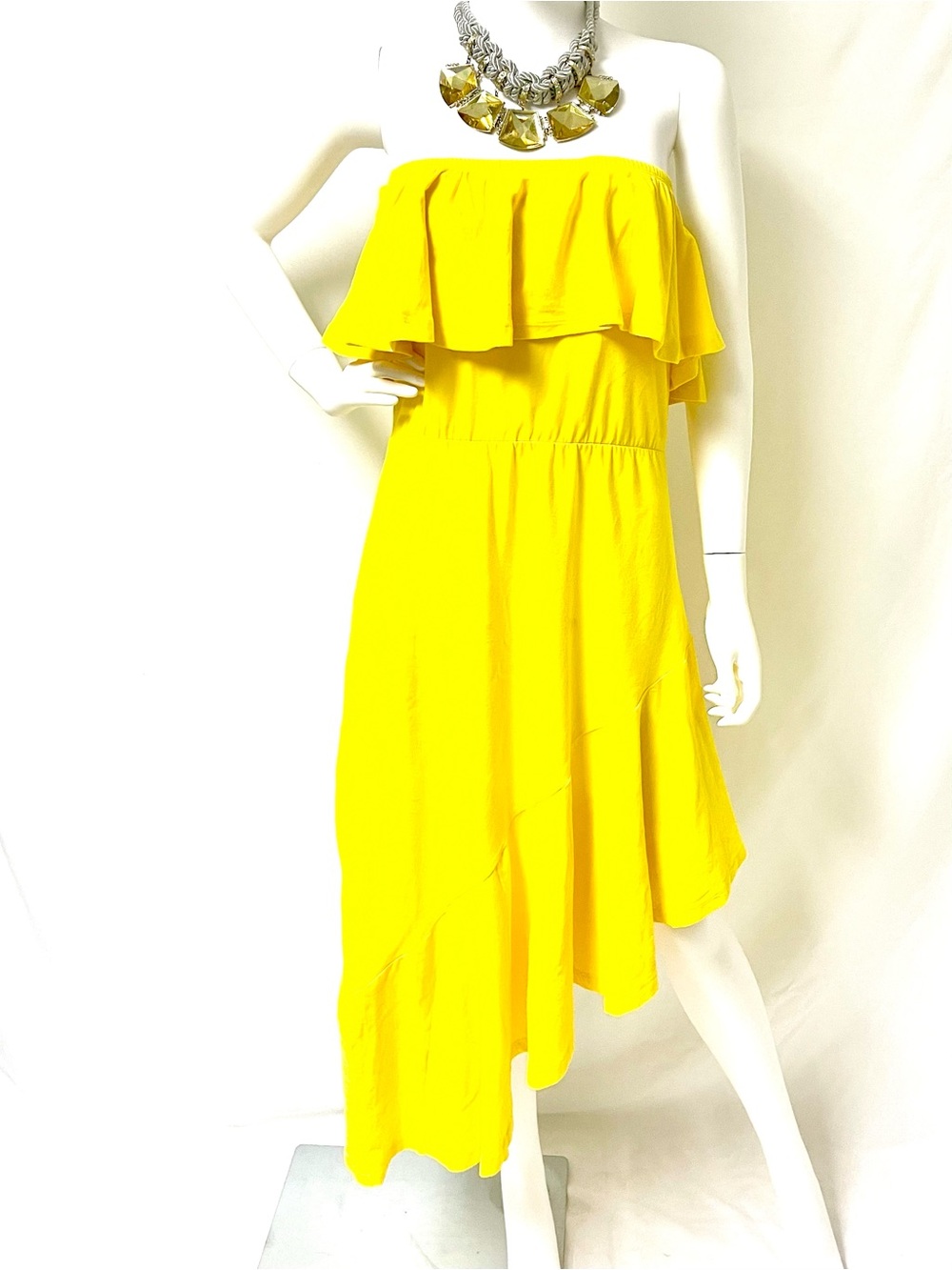 Rebdolls Bright Yellow Strapless Ruffle Midi Dress